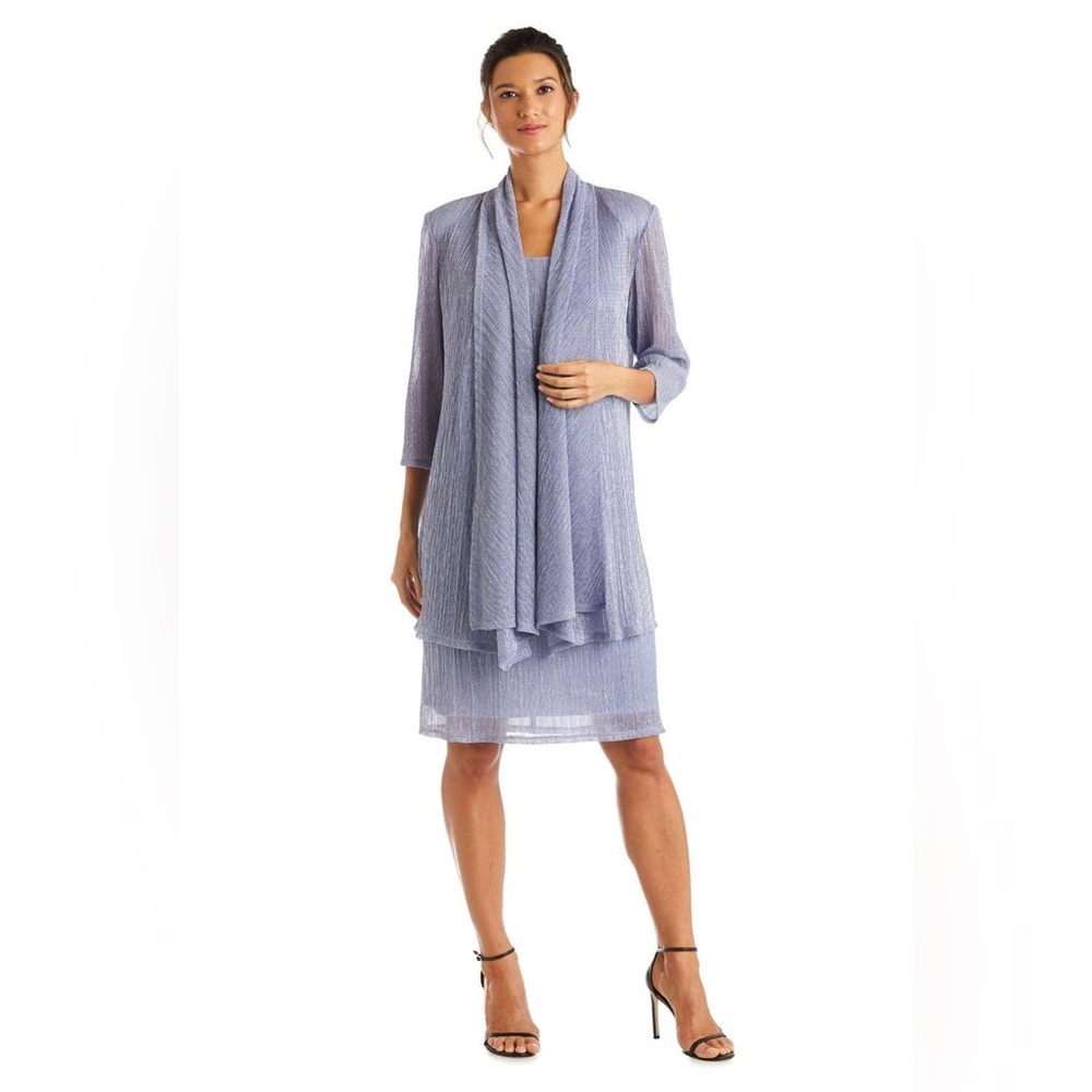R&M Richards Metallic Periwinkle Sleeveless Dress with Matching Draped Cardigan